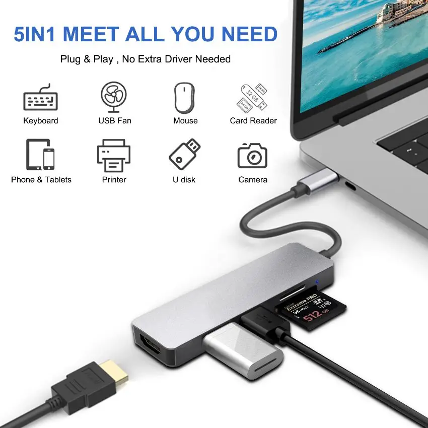 5 in 1 usb c hub Dock type c Laptop digital Display Type C Hub 4k HDMI TF SD card 10GB Expansion Dock docking station