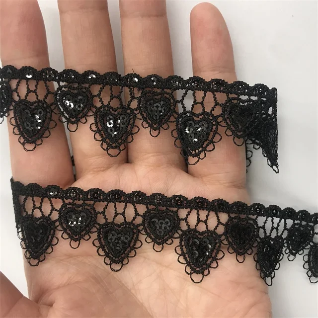 20MM black fancy ripple shape lace trim decoration eyelash embroidery sequin chemical french lace for bridal dress