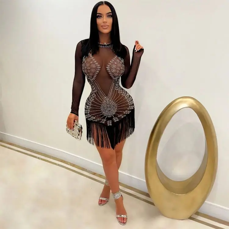 Club Dress Shiny Sequined Red Carpet Dresses Evening Gown Spring Outfits For Women 2022 Translucent Summer Night Rhinestone