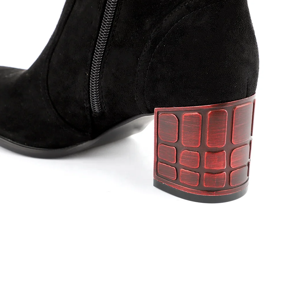 Large Size Plus Fleece Lining Black Short Boots Suede Thick High Heels Fashion Ankle Cowboy Boots