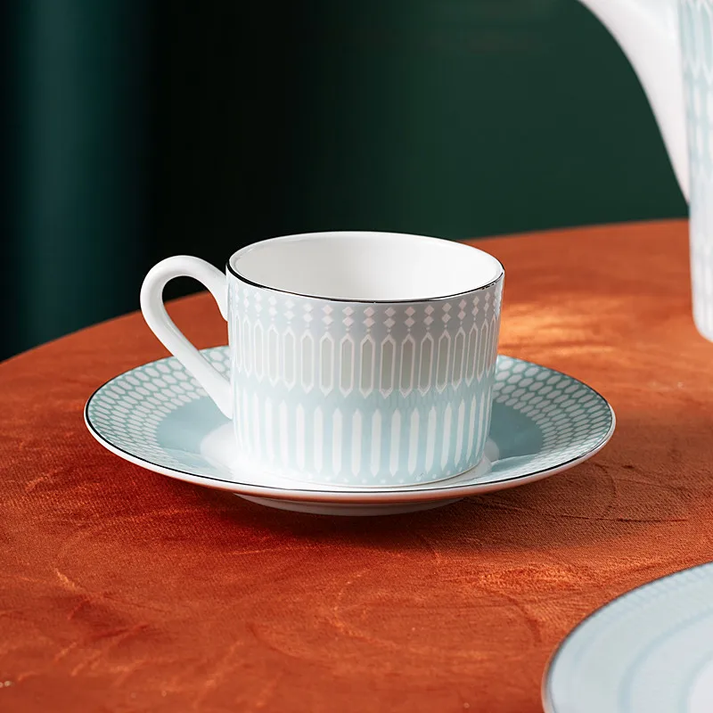 Luxury High End Hotel Cafe Sky Blue Bone China Coffee Cups and Saucers Gold Rim Tea Cup Set