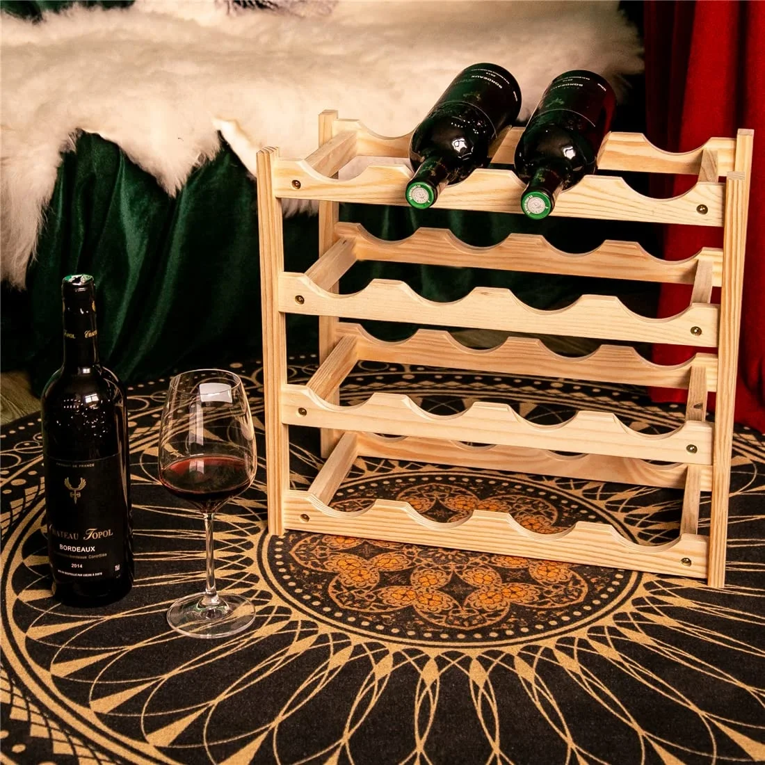 Customized wholesale high quality durable wine cabinet countertop self-standing bottle rack pine wooden wine rack