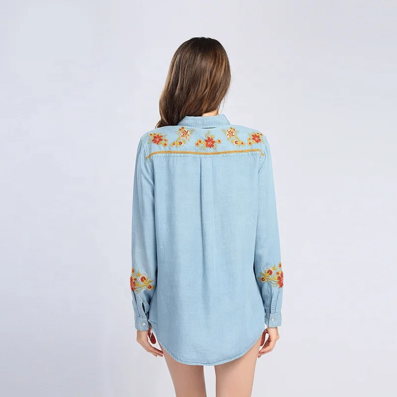 Turn-down collar embroidery floral embroidery autumn cotton denim blouses for women lady casual spring