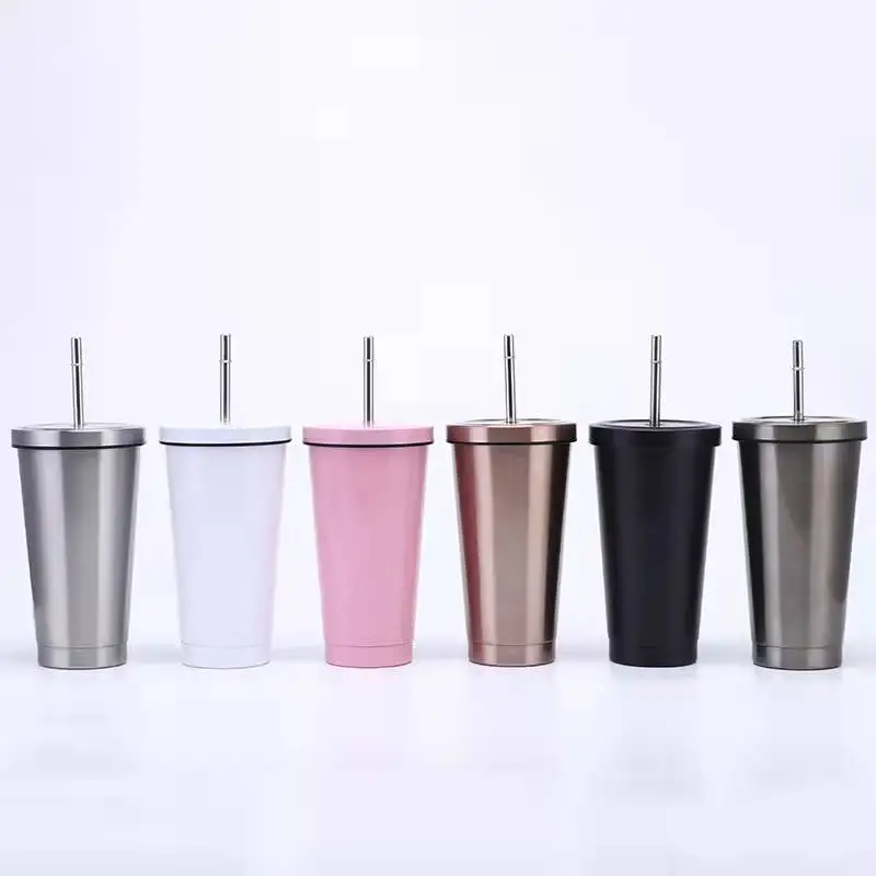Custom Logo mix color 500 ml Outdoor Travel Double Wall Stainless Steel travel Coffee Mug With Straw