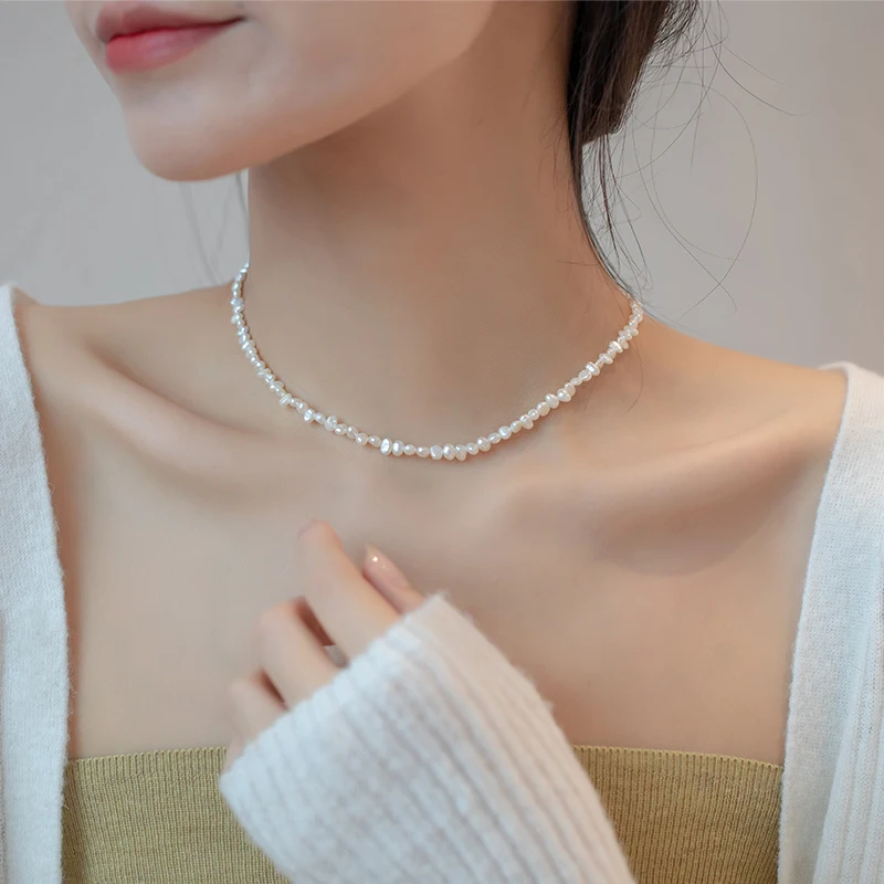 4-5mm small baby tiny size fresh water natural freshwater cultured real flat irregular baroque pearl choker necklace 16'