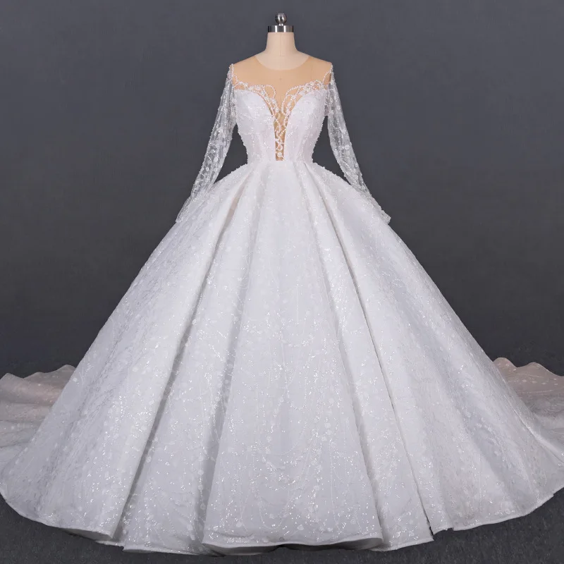 New European style strappy sequined sexy lace mesh round neck long sleeve slim fit tail wedding dress
