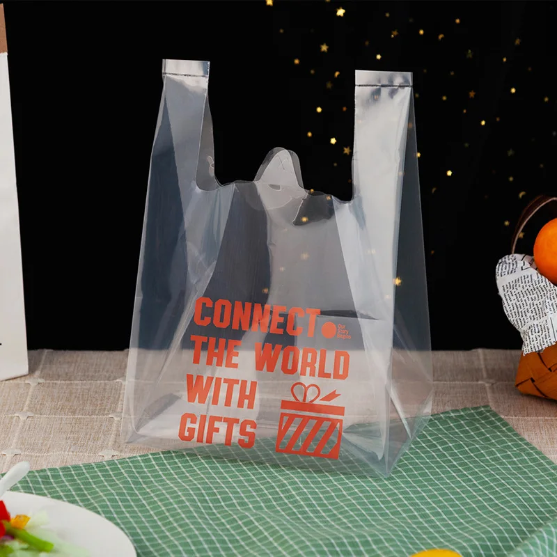 Restaurant food delivery coffee transparent packaging design your own logo flat handle takeaway carry clear plastic bag