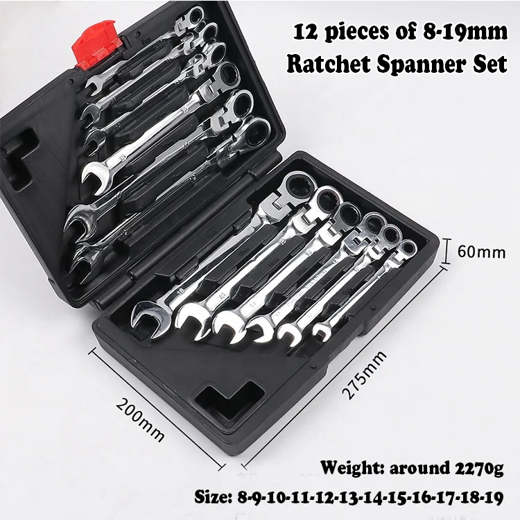 12-Piece Dual Ends Flexible Head Ratchet Wrench Spanner180 Degree Rotation Torque Wrench Set