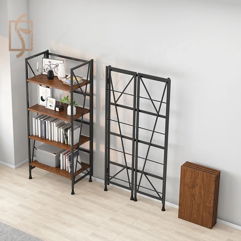 FYG Metal and Wood Rack Simple Foldable 4 Layers Living Room Free Installation Bookshelf Height 125cm