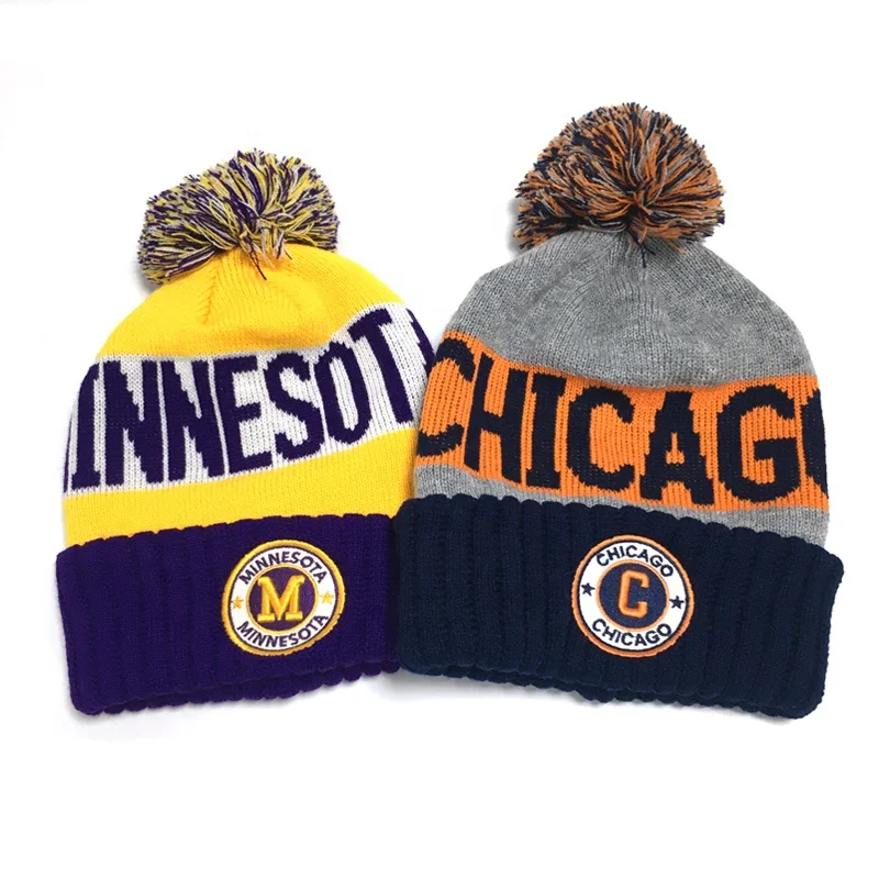 Weave and embroidery custom logo wooly hat, acrylic custom bobble hat