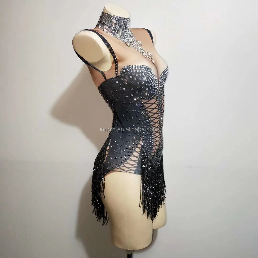 Women Jazz Dance Nude Stretch Bodysuit Outfit Fringes Rhinestone Jumpsuit Evening Show Sexy DJ Costume Wear Stage Costume