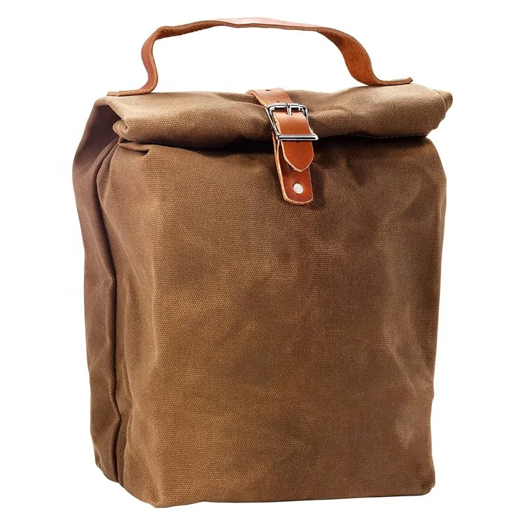 Custom Friendly Recycled Insulated Thermal Adult Ice box Bags Food Cooler Handbag Durable 16OZ heavy-duty waxed canvas lunch bag