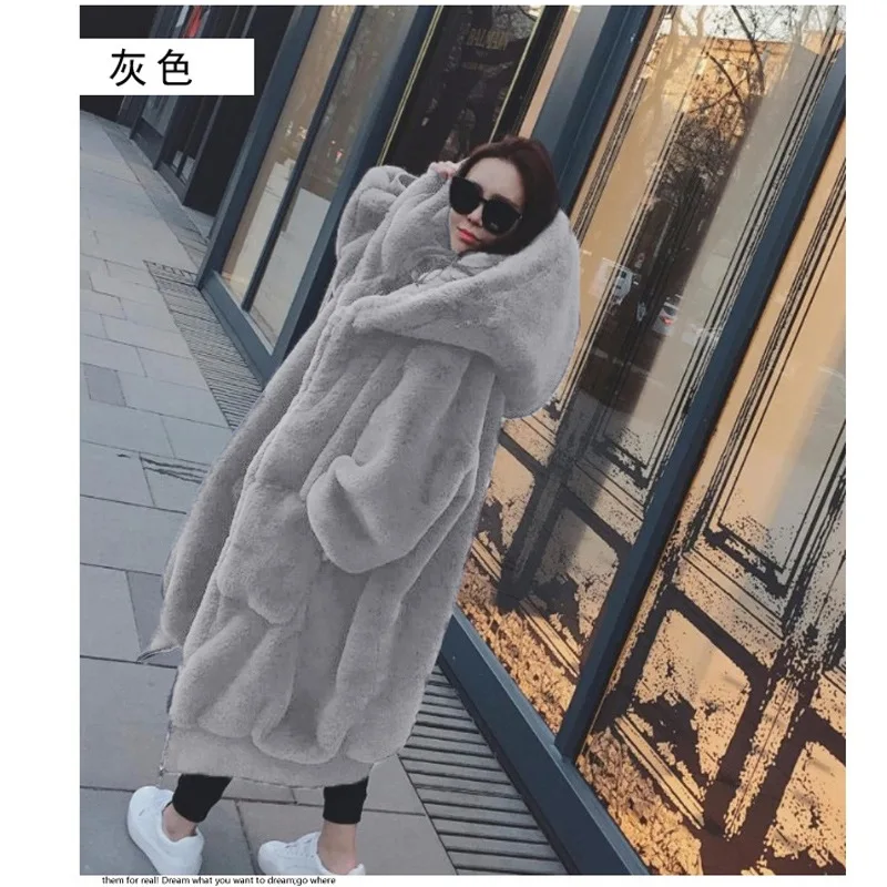 
Winter Warm hooded Large size Medium length Solid color Fur & Faux Fur Women 2019 New Casual Long sleeve Women Fur coat 