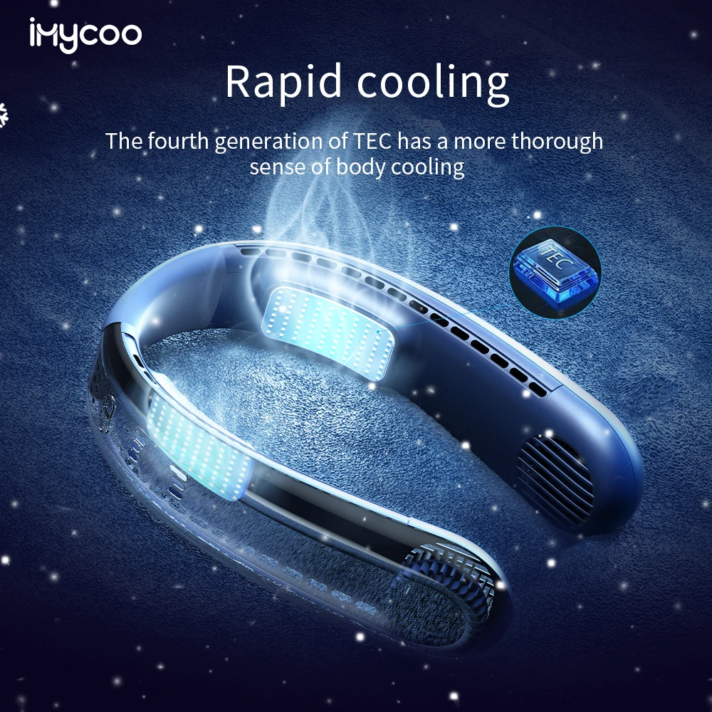 IMYCOO New Arrivals 4000mAh Portable Semiconductor Neck Fan Rechargeable Hand Free Bladeless Cooling Hanging Neck Fan