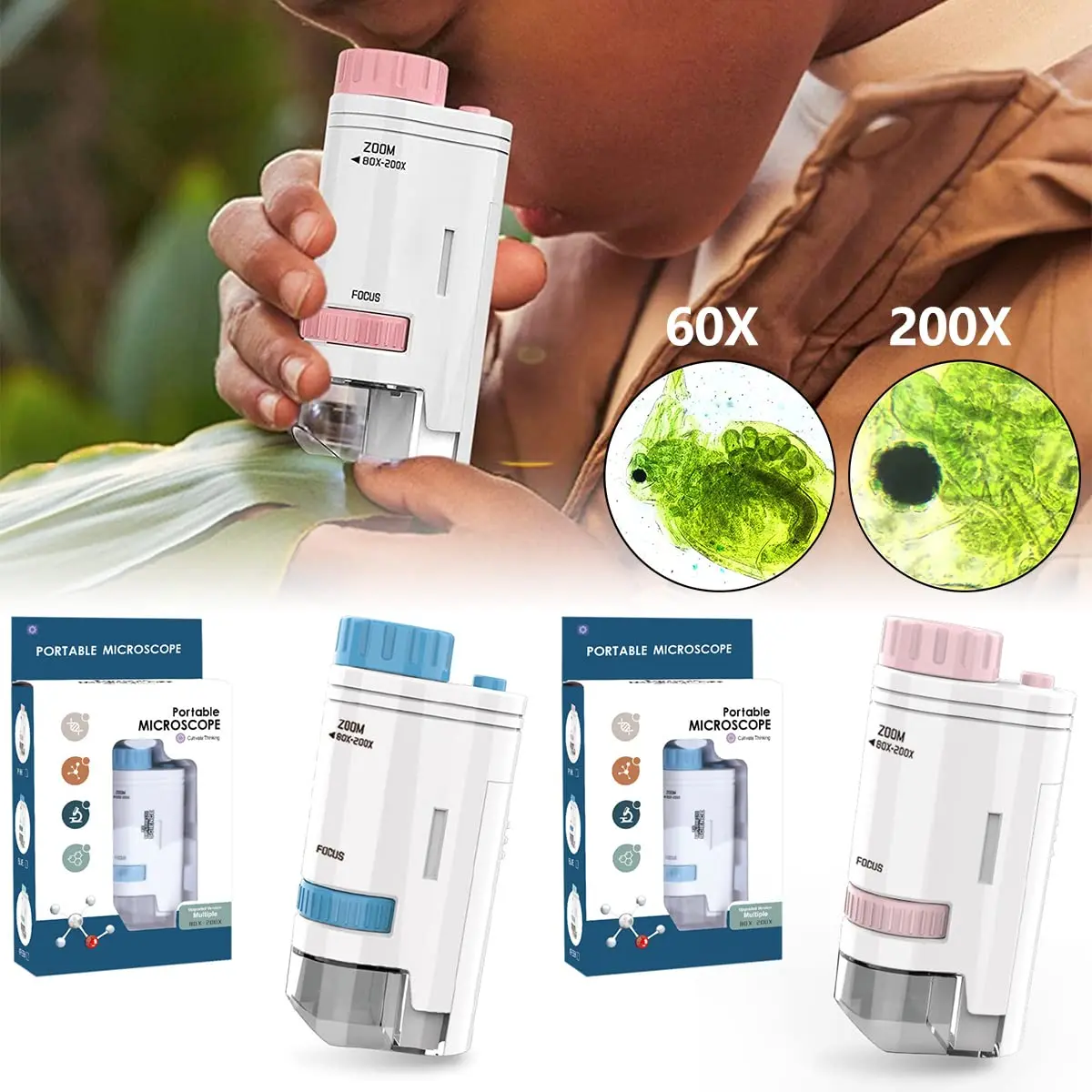 60-200x Zoom Kids Portable Microscope Pocket Handheld Mini Microscope with LED Light High Definition for Students
