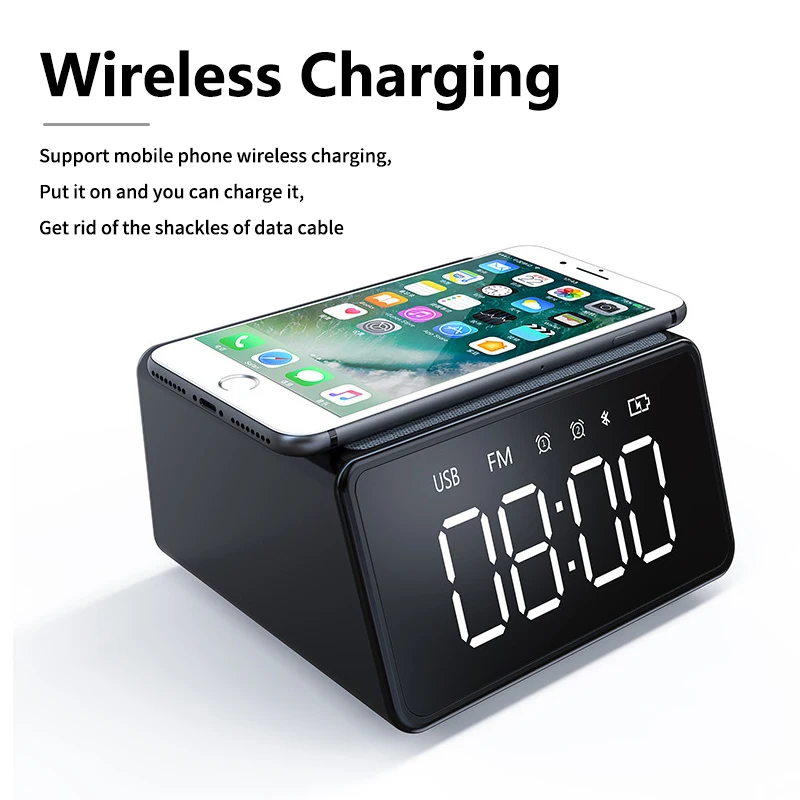 2021 wireless charger speaker usb mini portable large capacity battery BT speaker with alarm clock