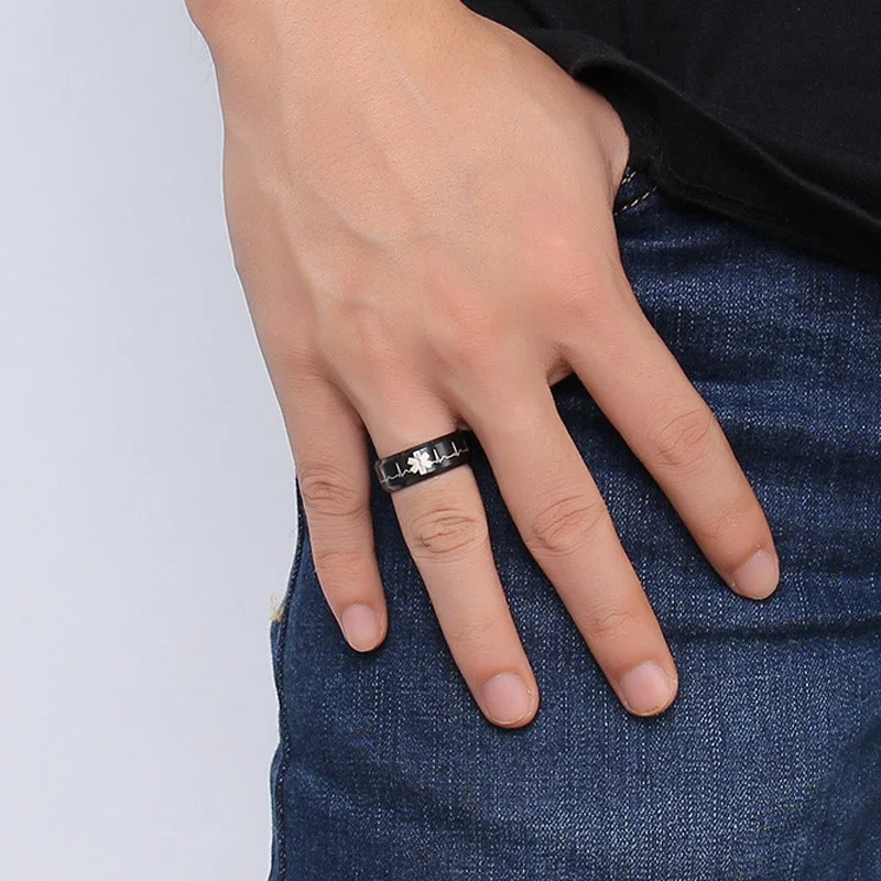 Yiwu Meise Identification Rings for Men Jewelry Punk Black 8MM Stainless Steel  Medical Ring