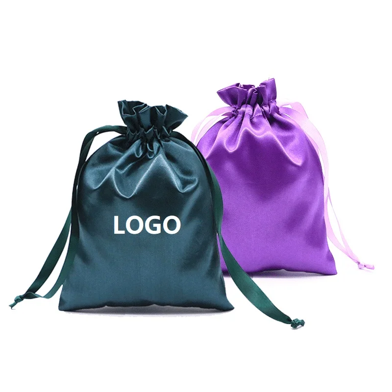wholesale small drawstring pouch jewelry wig hair extension packaging gift silk satin bag with custom LOGO