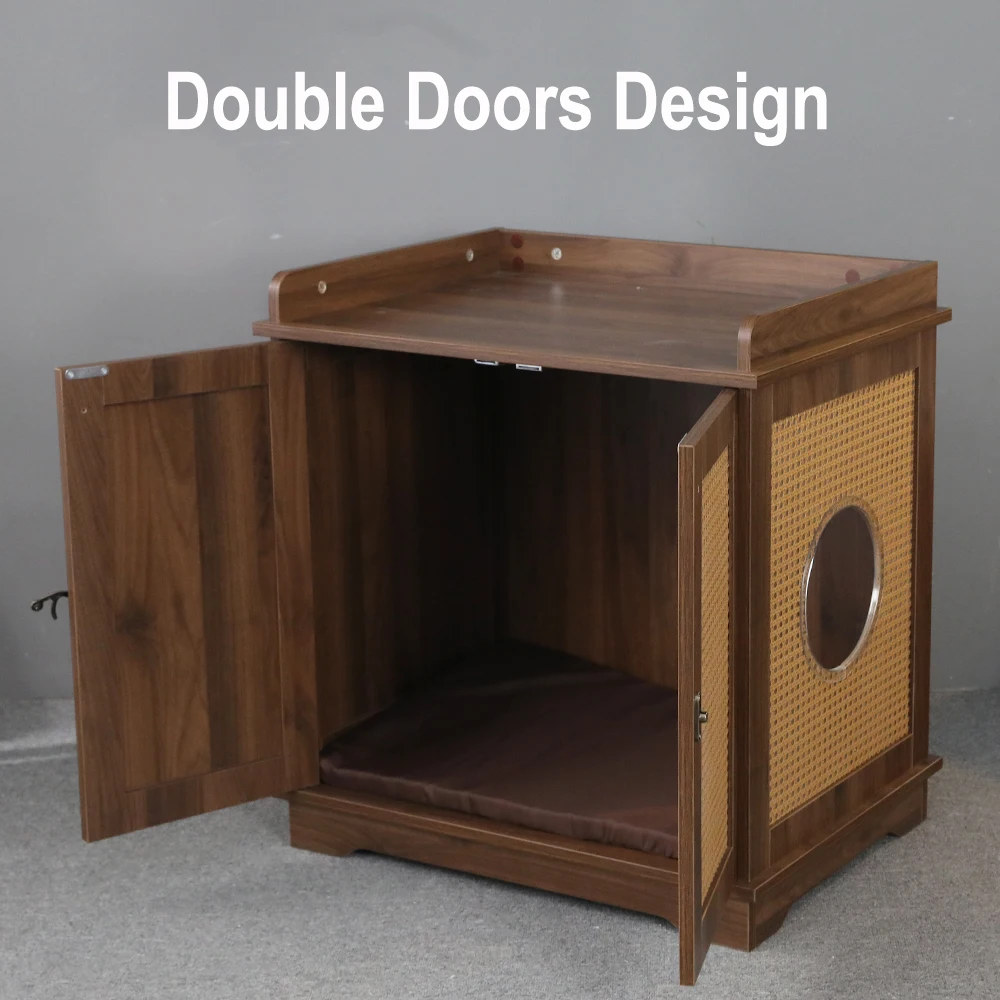 Customized Hoopet Luxury Wood Rattan Cabinets Cat Condo House Furniture With Hole