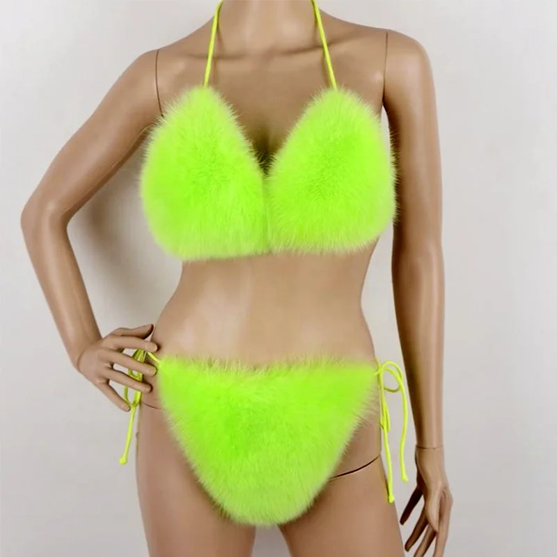 Женское бикини из натурального Лисьего меха, летнее пляжное нижнее белье, праздничный плотный пушистый бюстгальтер из натурального меха