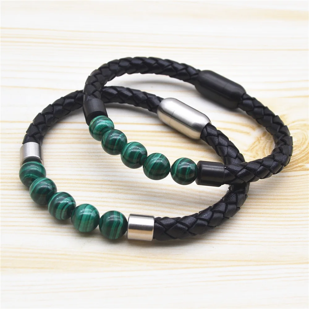  bestfriend green jade men accesories custom stainless steel magnetic leather braided friends crystal malachite bead man