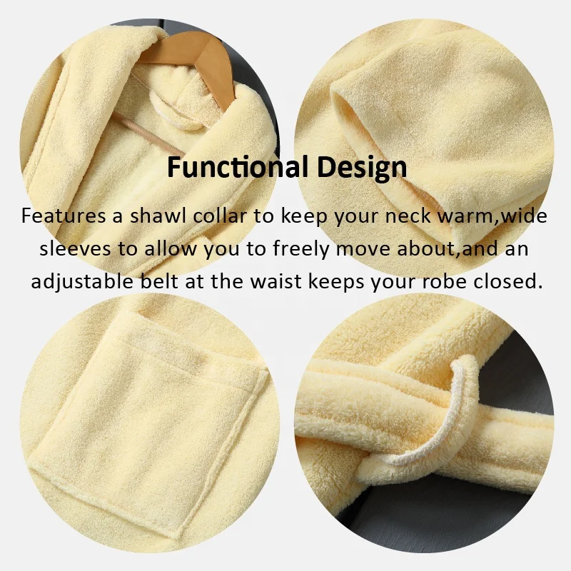 Thick 100% Flannel Coral Fleece Hotel Bathrobe Plush Bath Robe For Women and Man