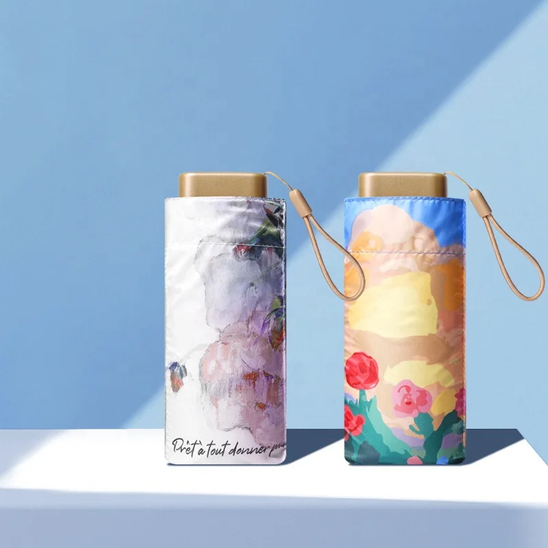 Giveaway Paraguas Pocket Size Small Capsule Sun UV Coating Custom Oil Painting Mini 5 Folding Umbrella with Logo