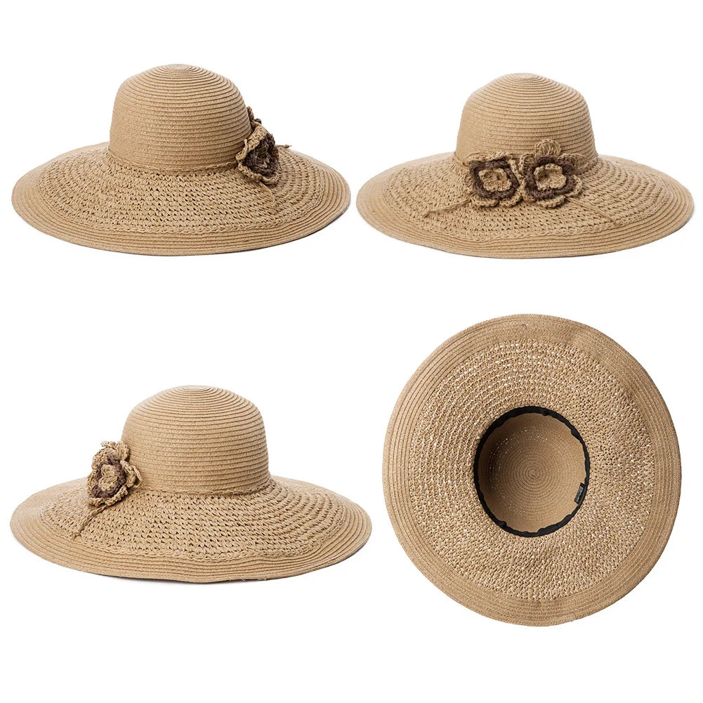 Summer Women paper crochet flower band floppy sun-proof Straw Hat