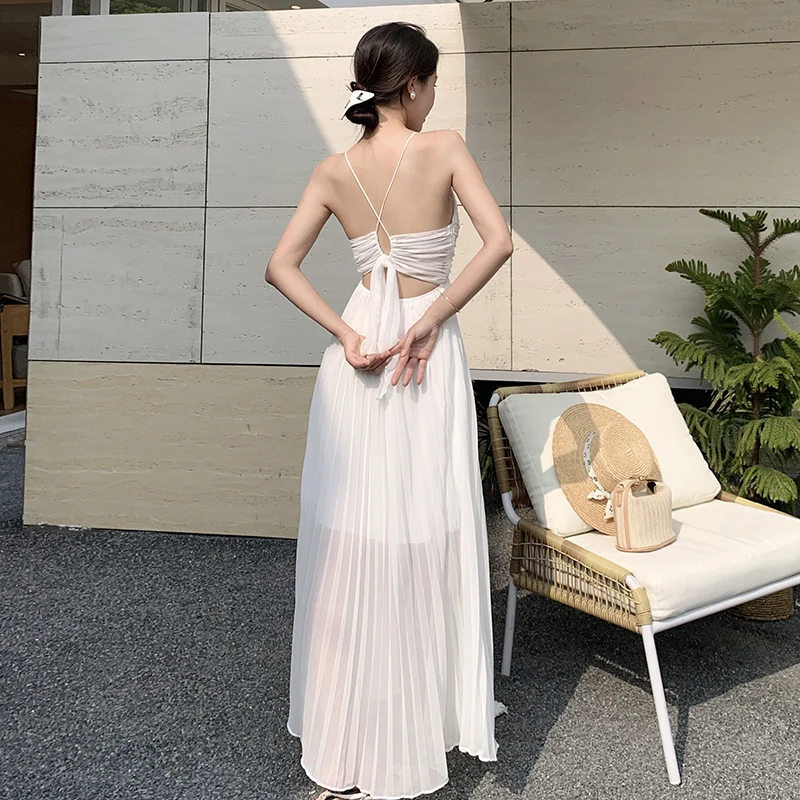 Summer New Suspender Skirt Holiday Style Mid-length Fashion Open Back White Dress