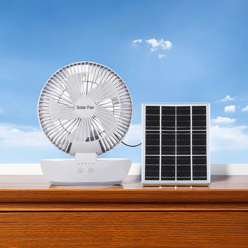 2024 Factory Price T7 5W Portable Solar Fan With Solar MONO Panel Led Night Light DC/AC Rechargeable For Office Hope Table Fan