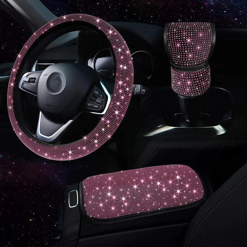 Diamond Bling Car Hoodie Gear Cover Central Box Steering Wheel Cover Set for Women for Girls