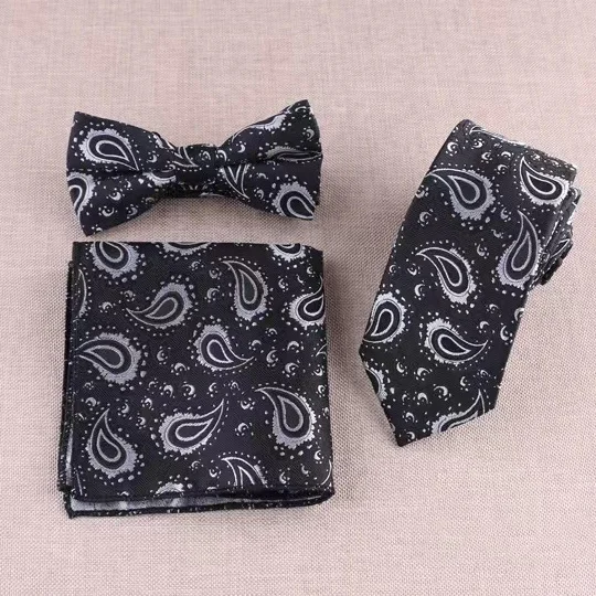 boys green paisley modern fashion  mens skinny neck ties 6cm luxury customized  necktie and bow tie pocket square set