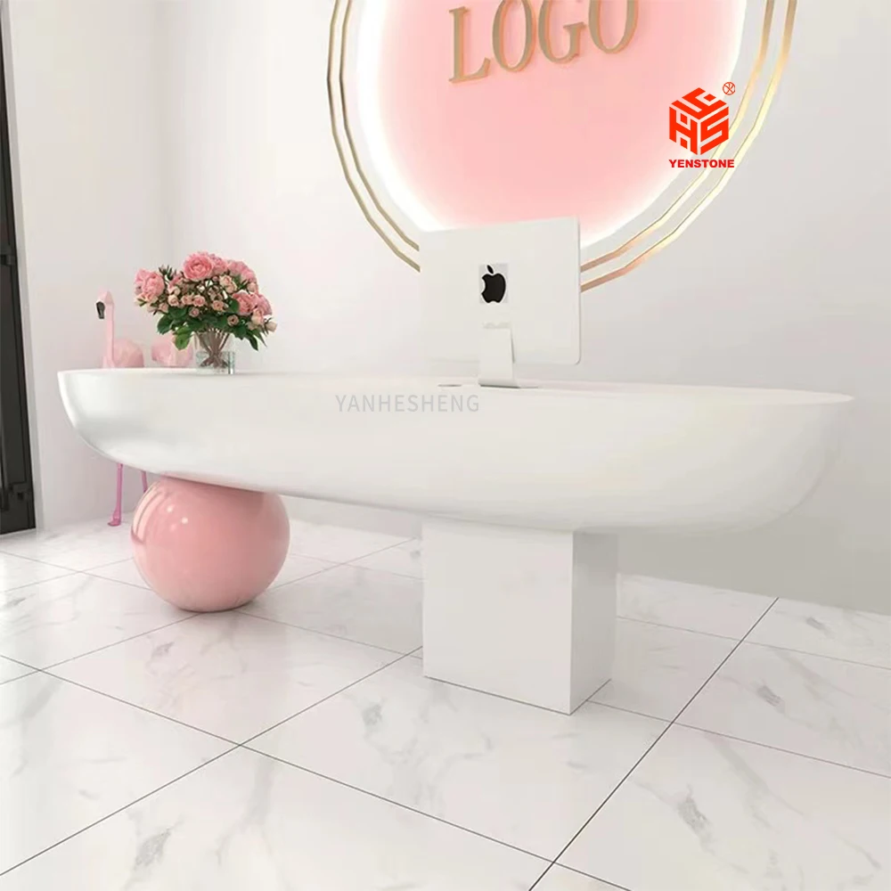 2022 salon pink Yenstone oem artificial stone beauty nail design modern front desk 1700 mm reception desk custom reception desk