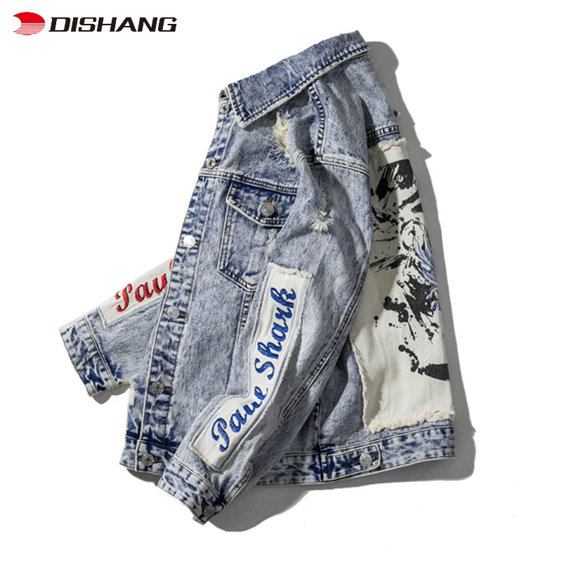 High Quality Fashion Trend Retro Style Print Ripped Loose Jacket Denim Jacket Plus Size Men