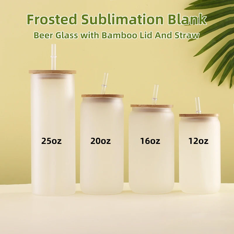 US warehouse12oz 16oz 20oz 25oz blank sublimation frosted clear Beer mugs Shaped Glass soda can coke with bamboo lid and straw