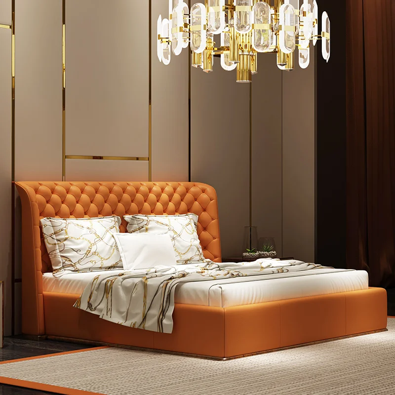 Modern design Nordic italy style solid wood leather bed