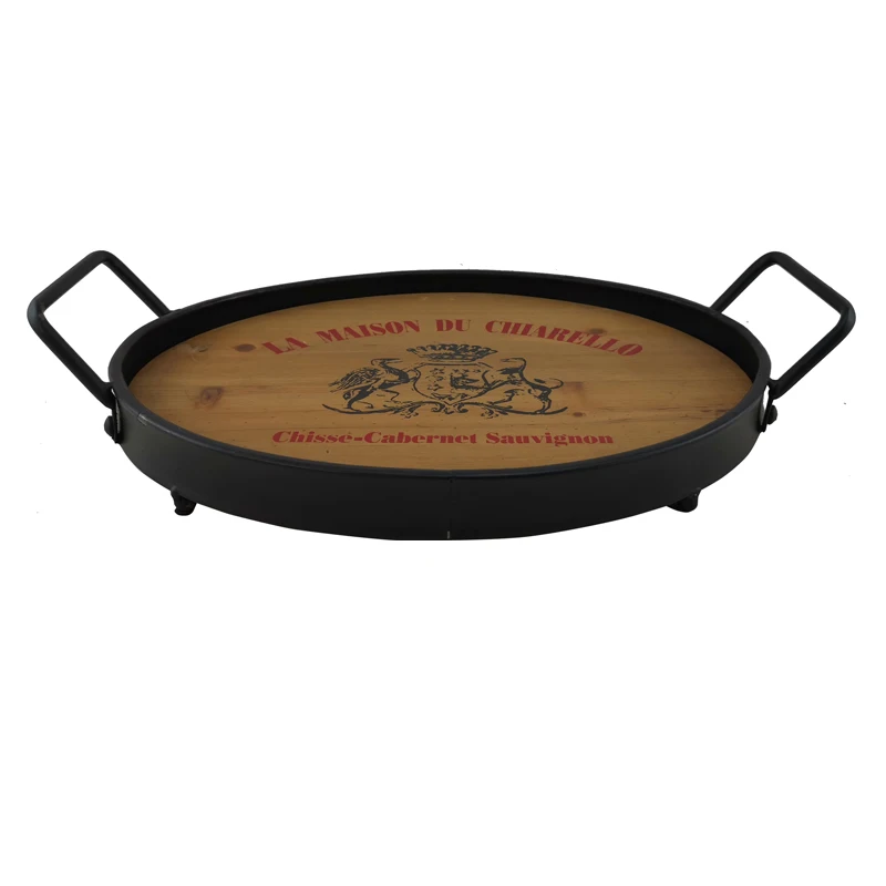 Customized Solid Wood Personalized Round Black Walnut Wood Ottoman Tray Wooden Food Serving Trays With Metal Handles