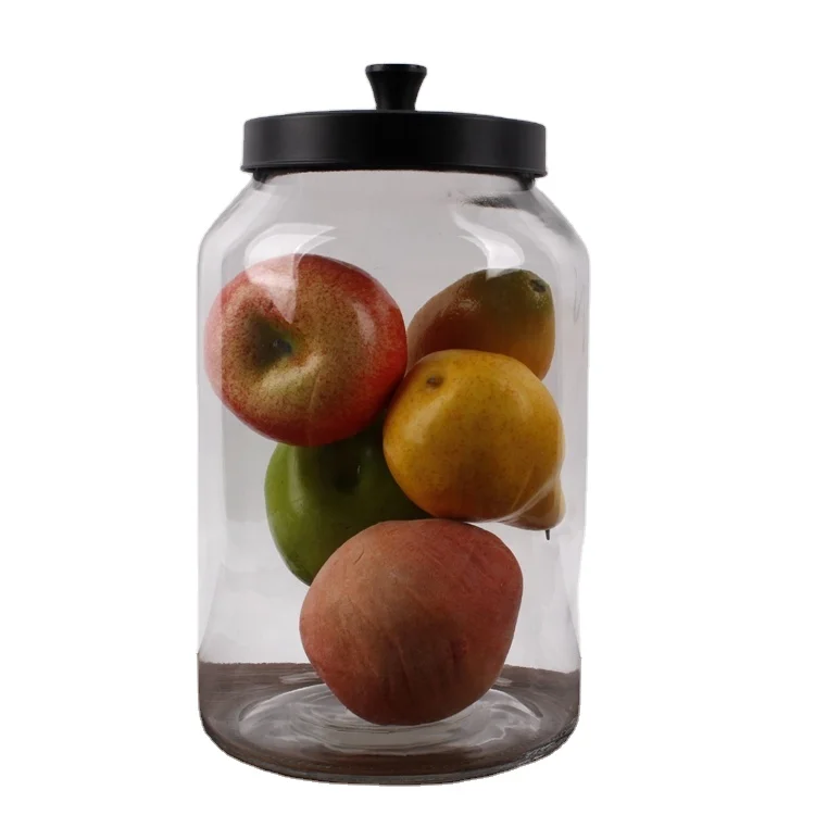 4L wide mouth round glass cookie jar container with black direct cover metal lid glass jar with metal lid