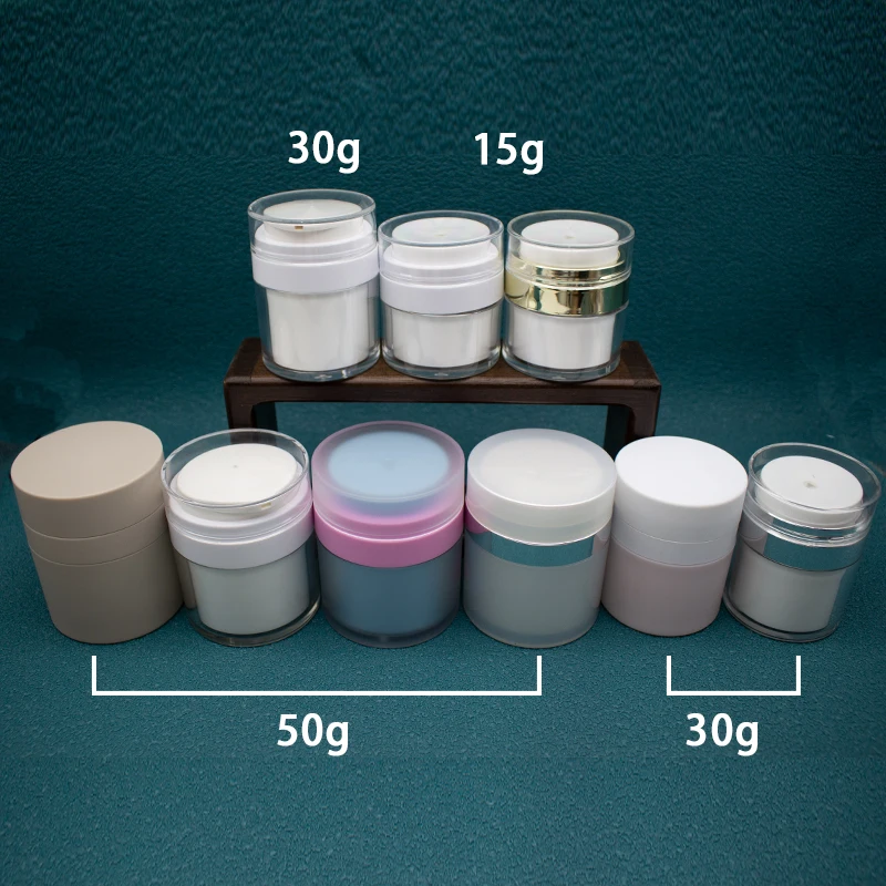 Wholesale Customization 50ml Brown Airless Jar with 15ml 30ml White Cap Cream Jar Press Acrylic Packaging Airless Lotion Jar