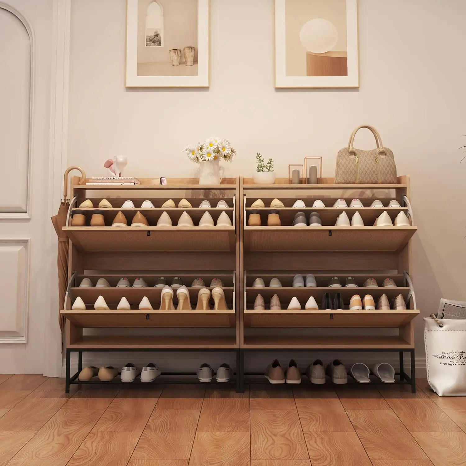 Modern Narrow Organizer Freestanding Shoe Cabinet with 2 Flip Drawers for Hallway