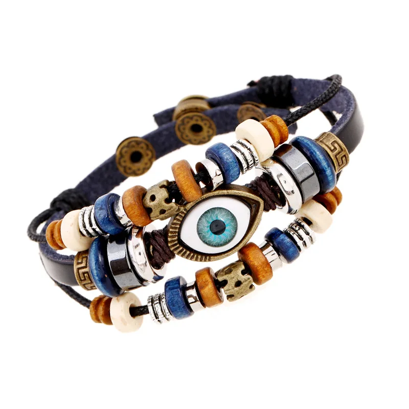 Beaded Eyes Cowhide Bracelet Pull Adjustable Couple Leather Bracelet