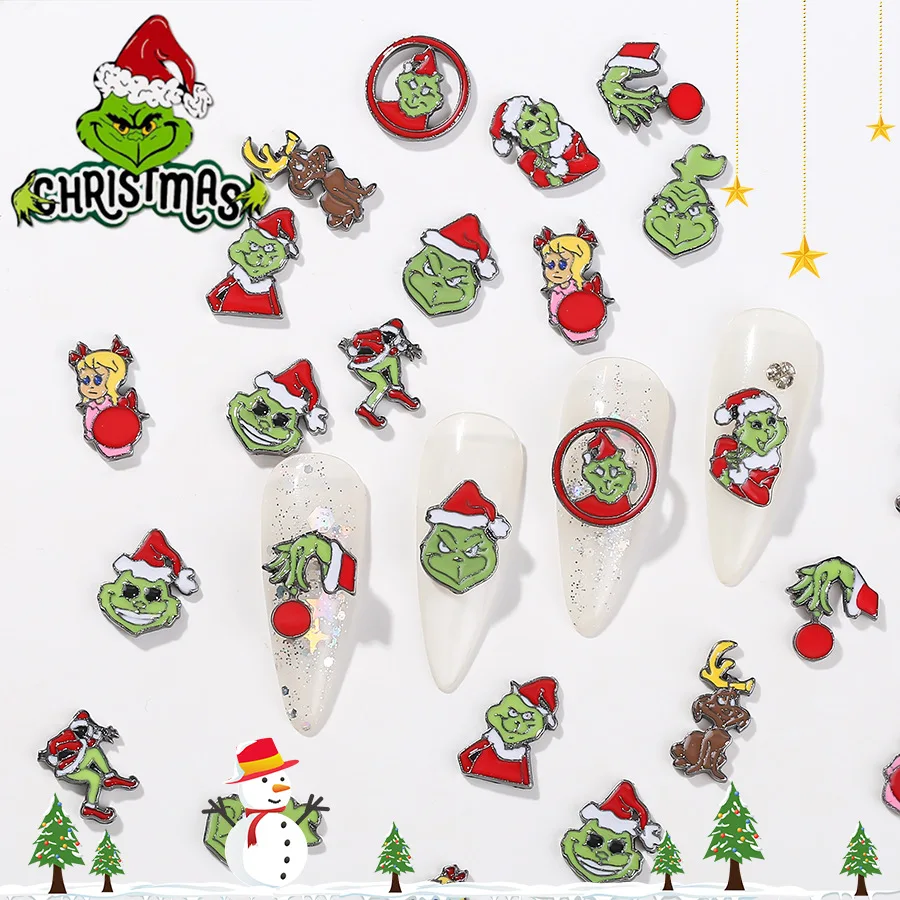 New 3D Winter Christmas Grinch Manicure Ornaments Gems Accessories Green Fur Max Elk Frett Alloy Nail Art Decoration Charms