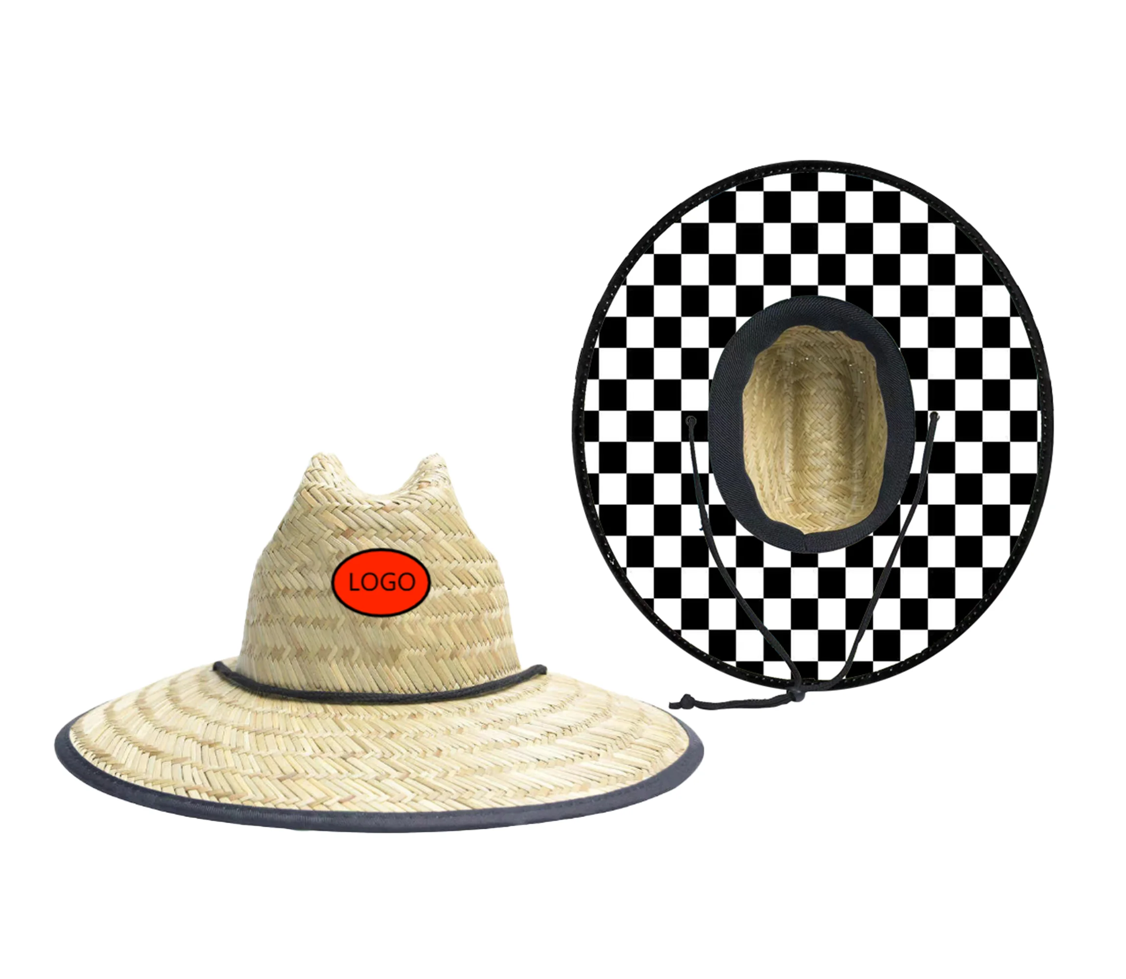 Custom Natural Grass Checkered Racing Flag Uv Protection Kid Lifeguard Safari Surfing Beach Children Straw Hat