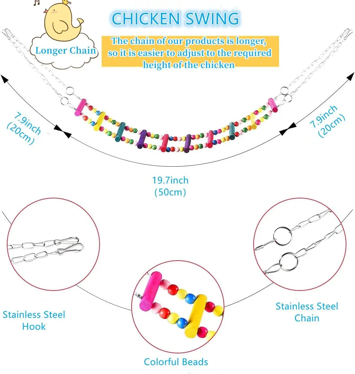 Longer Chain Chicken Toy for Coop Parrot Swing Ladder Perch Chicken Mirror with Bells Hanging Chicken Toy for hens Bird Parrot
