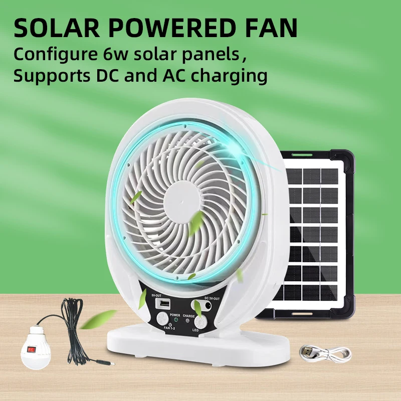 GDTIMES 7 inches Solar Table Fan Air Cooler With Solar Panel AC DC Rechargeable Breeze Quiet Fan with LED Light