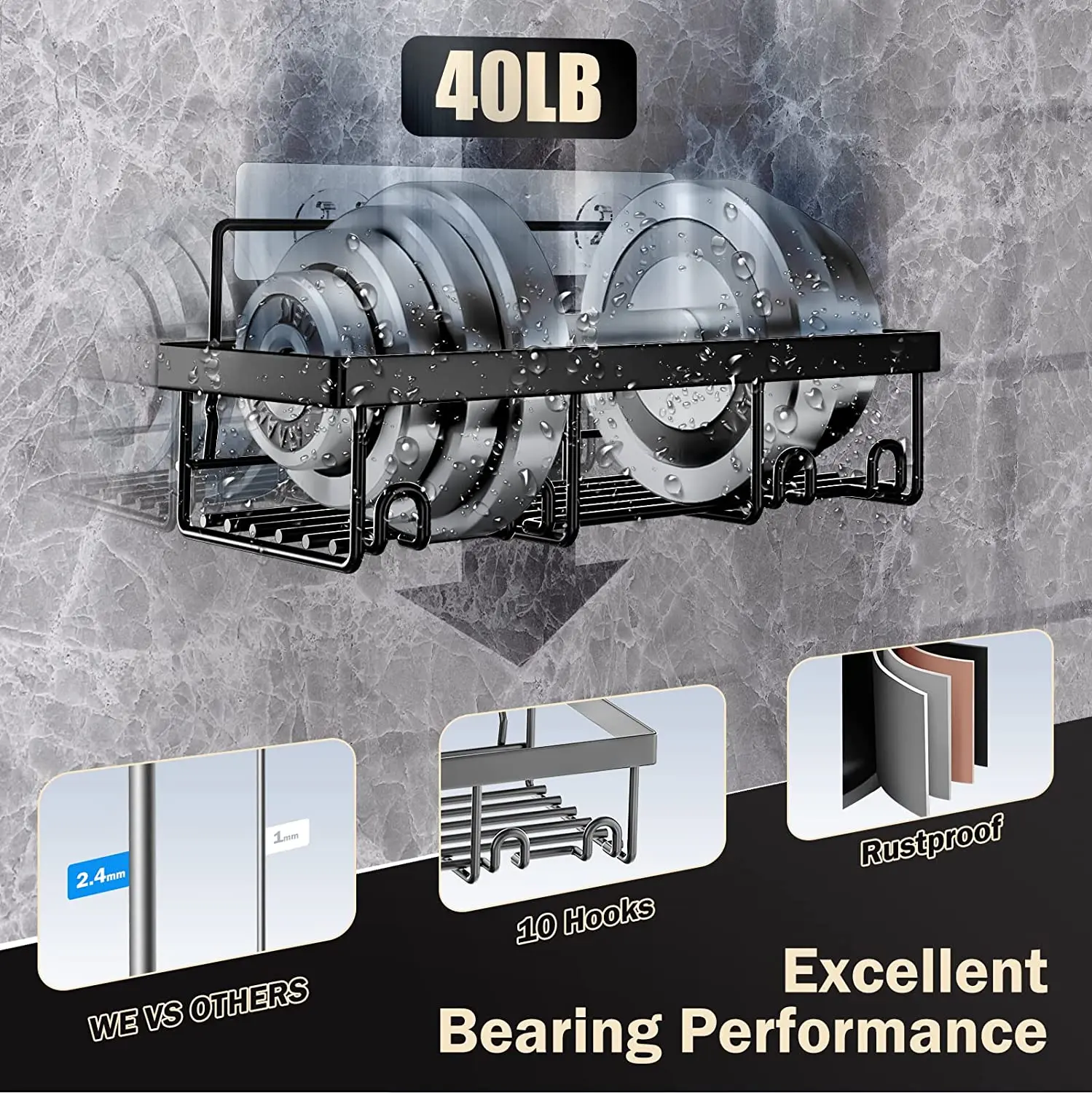 No Drilling Black 5 Pack Metal Shower Racks Shelves With Hooks for Kitchen Dorm Apartment