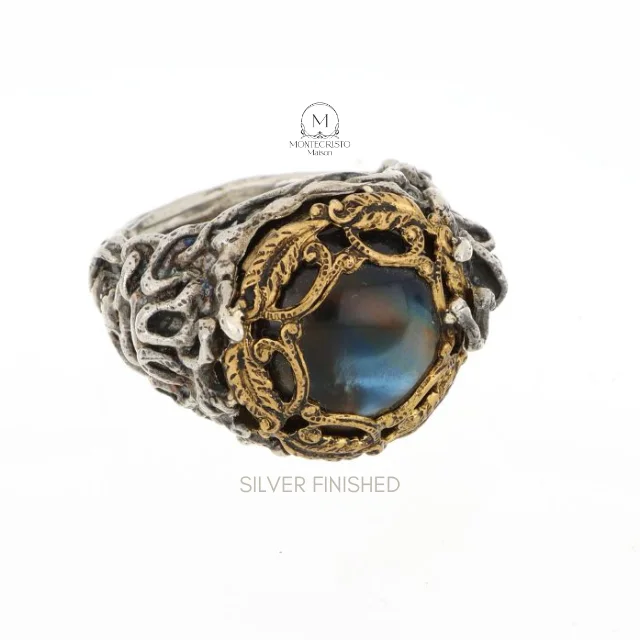 High Quality Made in Italy Madrepora Silver Finished Medusa Ring 925 Silver - Blue