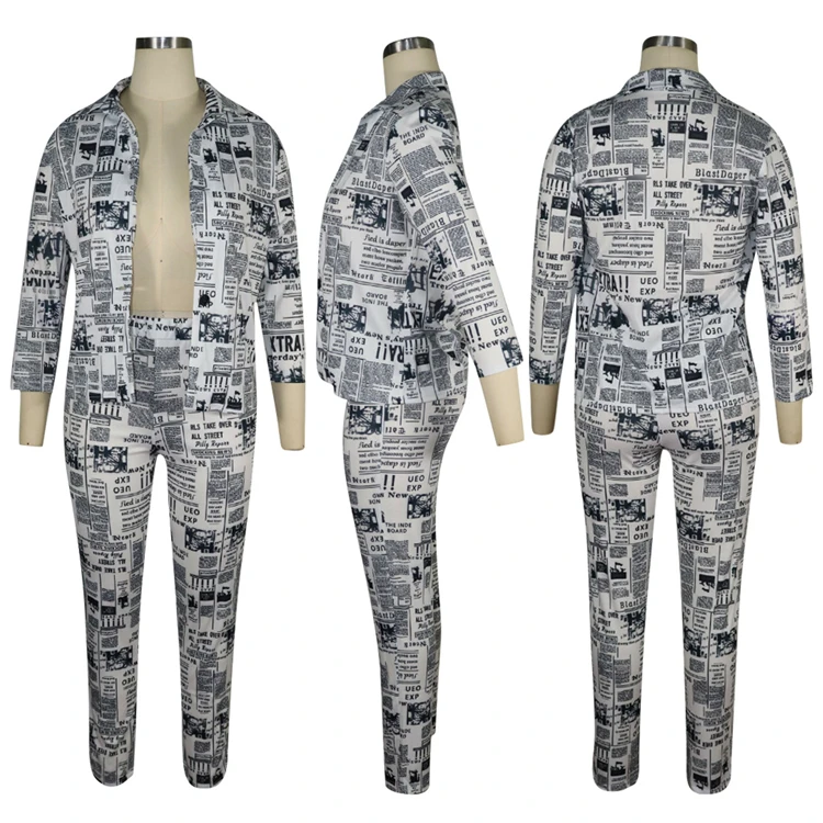
YZ-SG90691 Elegant fashion newspaper printing seven sleeve small suit woman two piece set 
