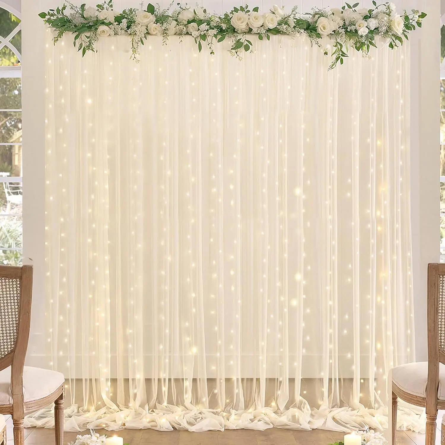2 pcs Outdoor Pearl Chiffon Sequin Curtain with lights Lawn Wedding Background Cloth and Arch Veil Decoration