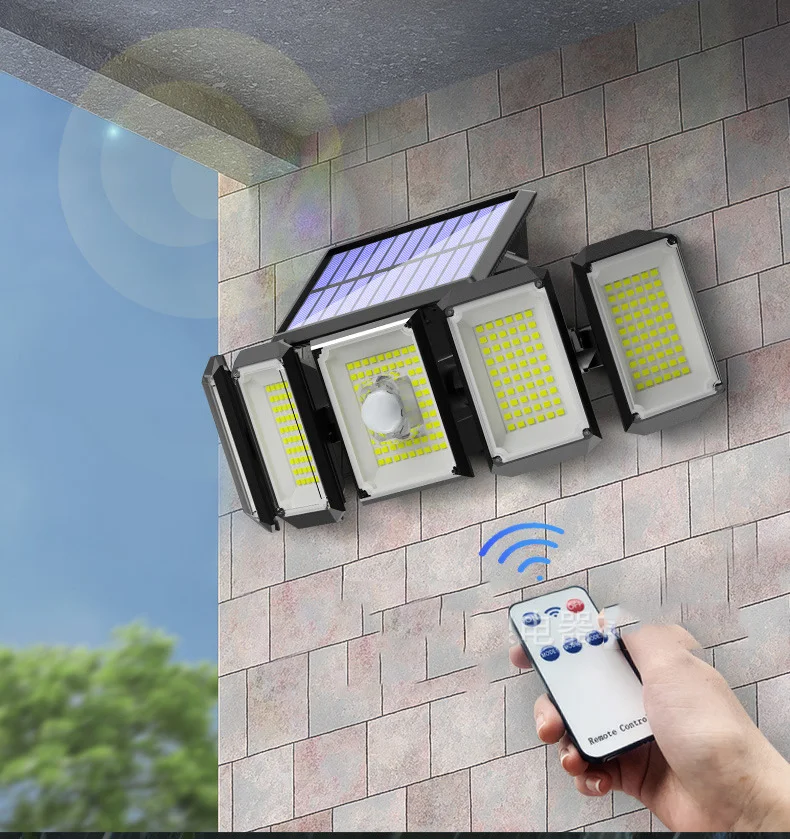 Super Bright 300 Led Solar Light Ip65 Waterproof Motion Sensor Outdoor 5 Head Remote Control Solar Garden Light Solar Wall Light